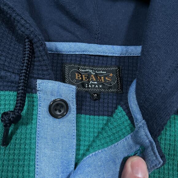 Beams Plus Japan Waffle Knit Hoodie Size Medium Sweatshirt Striped Color Block - Picture 3 of 7